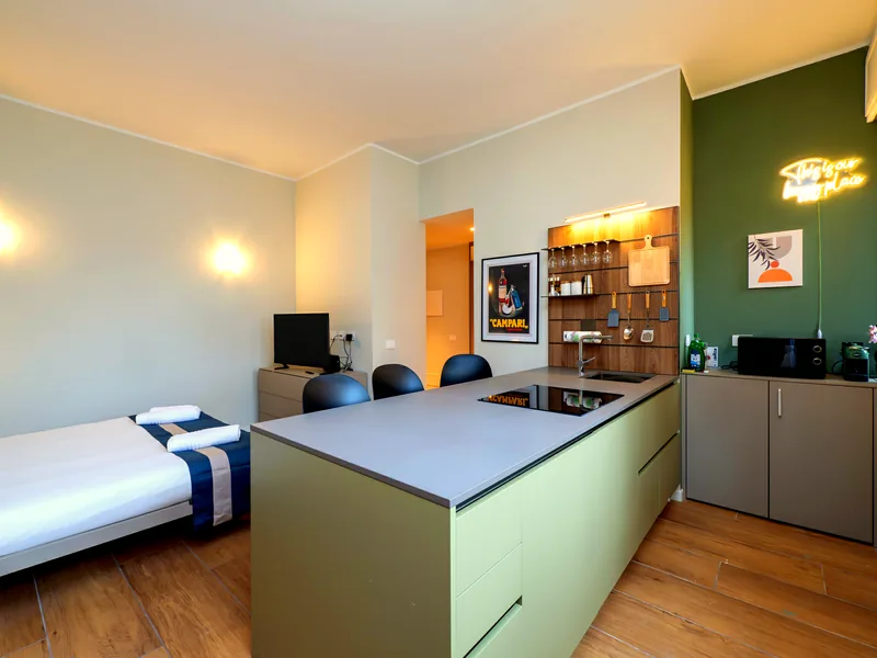 The island separates the living area from the bed